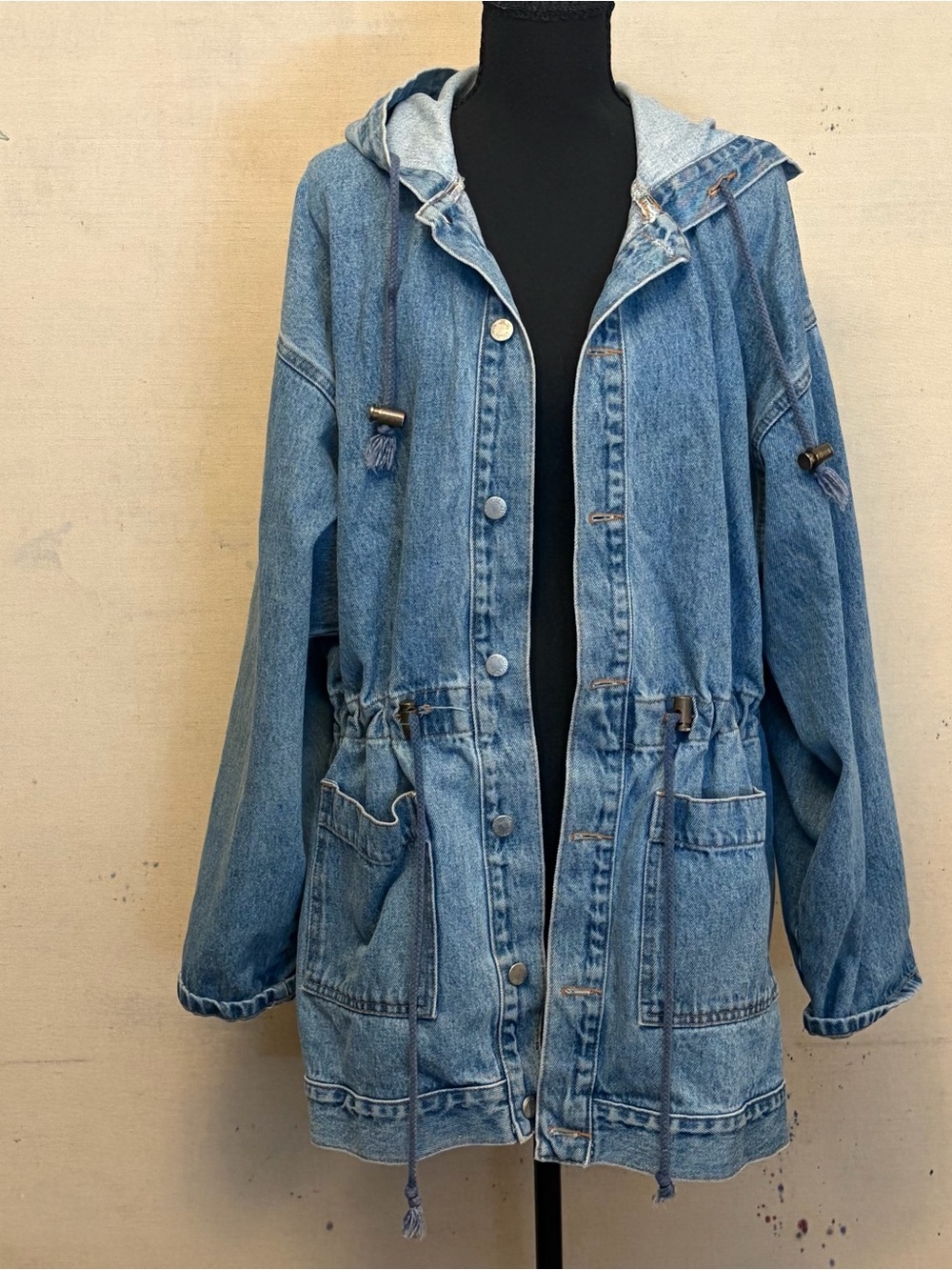 Vintage Billy Blues Oversized Denim Utility Jacket with Drawstring Waist, Size S